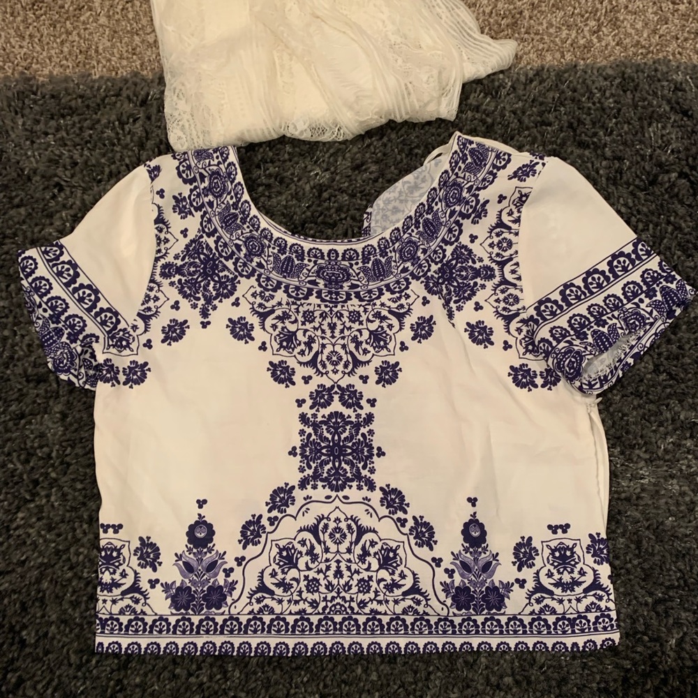 Mura Boutique Blue and White Porcelain Pattern Top Blouse